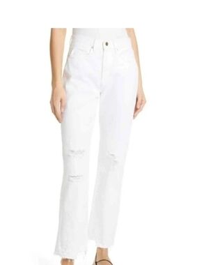 Frame White Cropped High-Waist Ripped Straight-Leg Jeans Women's